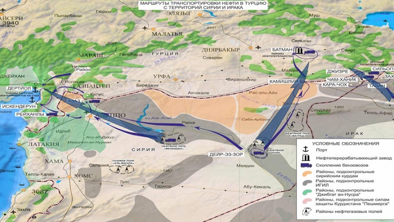 روس نے انقرہ کے ہاتھوں داعش سے تیل کی خریداری اور ترکی منتقلی کے راستے کا نقشہ جاری کردیا