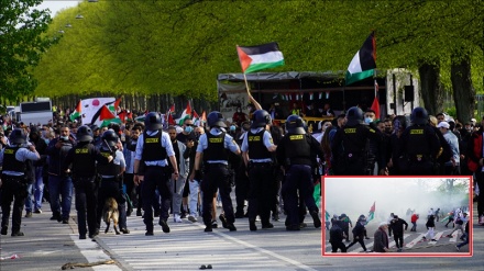 ڈنمارک ؛ فلسطینی عوام سے اظہار یکجہتی کے لئے مظاہرہ ؛ مظاہرین پر ڈنمارک پولیس کا حملہ 