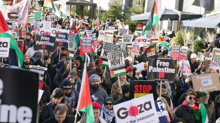 غزہ پر حملوں کے خلاف برطانوی وزیراعظم کے دفتر کے باہر طلبا کا احتجاج (ویڈیو)