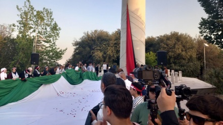 تہران میں فلسطین کا سب سے بڑا پرچم لہرایا گیا (ویڈیو) 