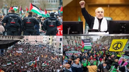 یورپی ممالک میں فلسطین کی حمایت میں مظاہرے، غزہ میں جنگ بندی صیہونی وزیر اعظم کے ناپاک منصوبوں کی شکست: قالیباف